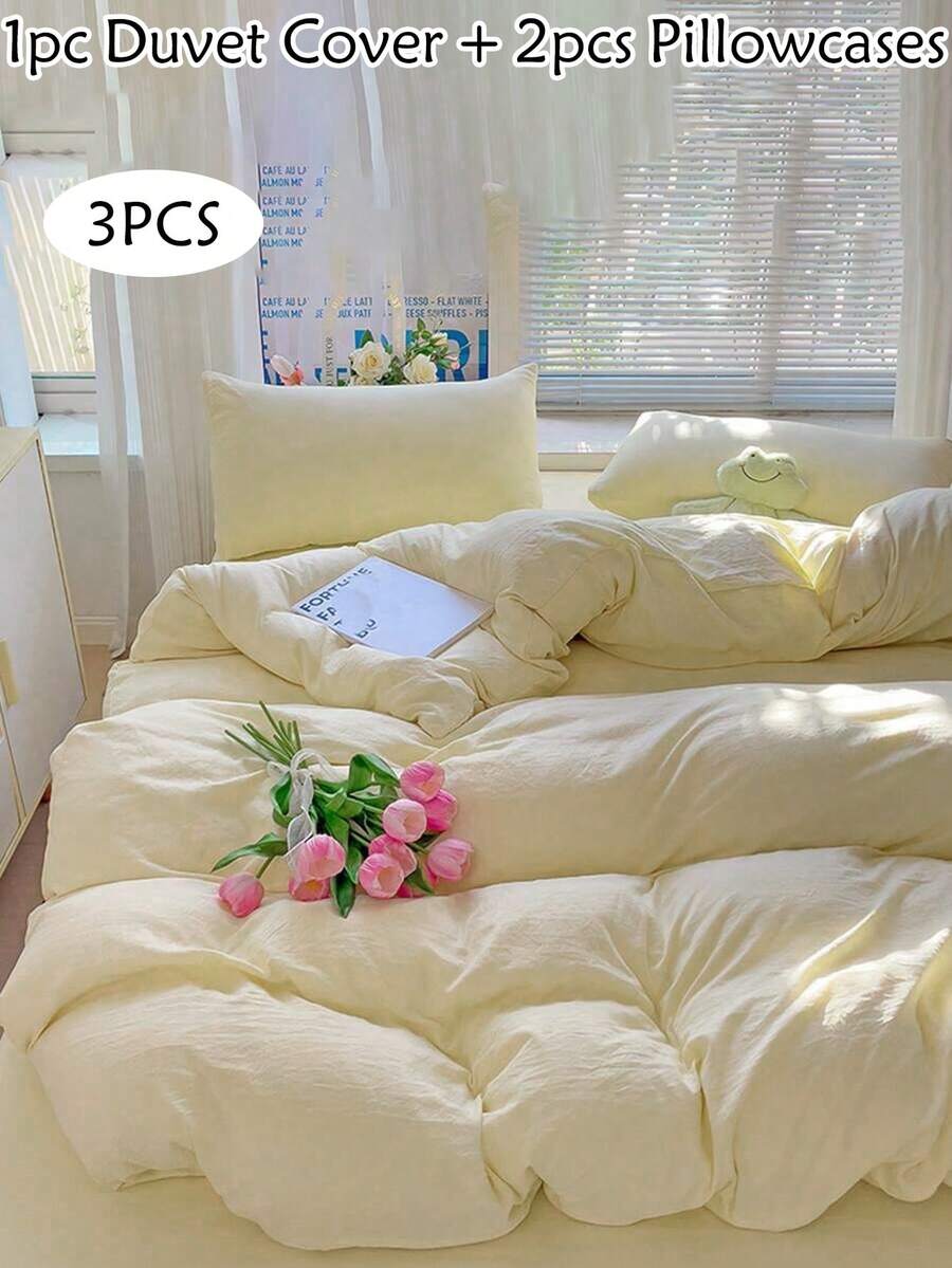 3 件套浅黄色涤纶羽绒被套,现代大号床上用品套装,适合所有季节,卧室客房被套,柔软透气(1 个羽绒被套 + 2 个枕套,无填充物) - 淡黃色 - 查看 1