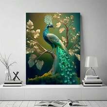 1pc 2d Flat Large Peacock On Branch Oil Painting - Turquoise & Golden Green Peacock Wall Art With Solid Wood Frame, Traditional/Contemporary Style Canvas Print For Living Room, Office, Bar - Blue/Green/Golden - 灰色 - 查看 9