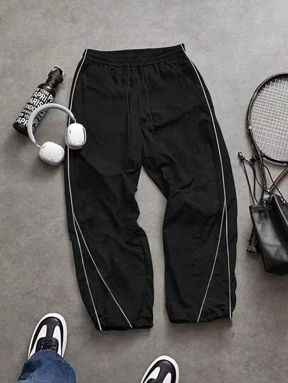 男士条纹拼接宽松直筒运动裤，休闲运动慢跑裤，适合健身房、跑步、户外、上学、日常穿着，春夏款