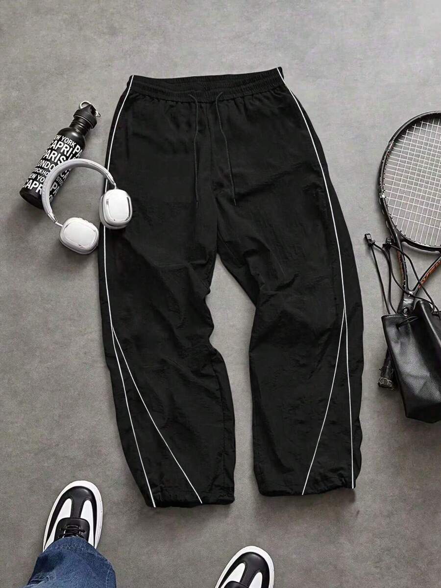 男士条纹拼接宽松直筒运动裤，休闲运动慢跑裤，适合健身房、跑步、户外、上学、日常穿着，春夏黑色 - 黑色 - 查看 1