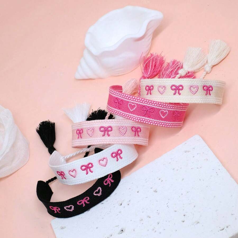1pc Vintage Embroidered Bow & Heart Handmade Braided Boho Bracelet, Suitable For Valentine's Day, Everyday, Party, Friends, Travel, Wedding - Bow Heart - View 1