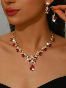 Luxury Wedding Party Women's Dress Rhinestone Decor Jewelry Fashion Shiny Necklace And Earring Set, Ball Gown Jewelry Accessory Set - Red - View 1