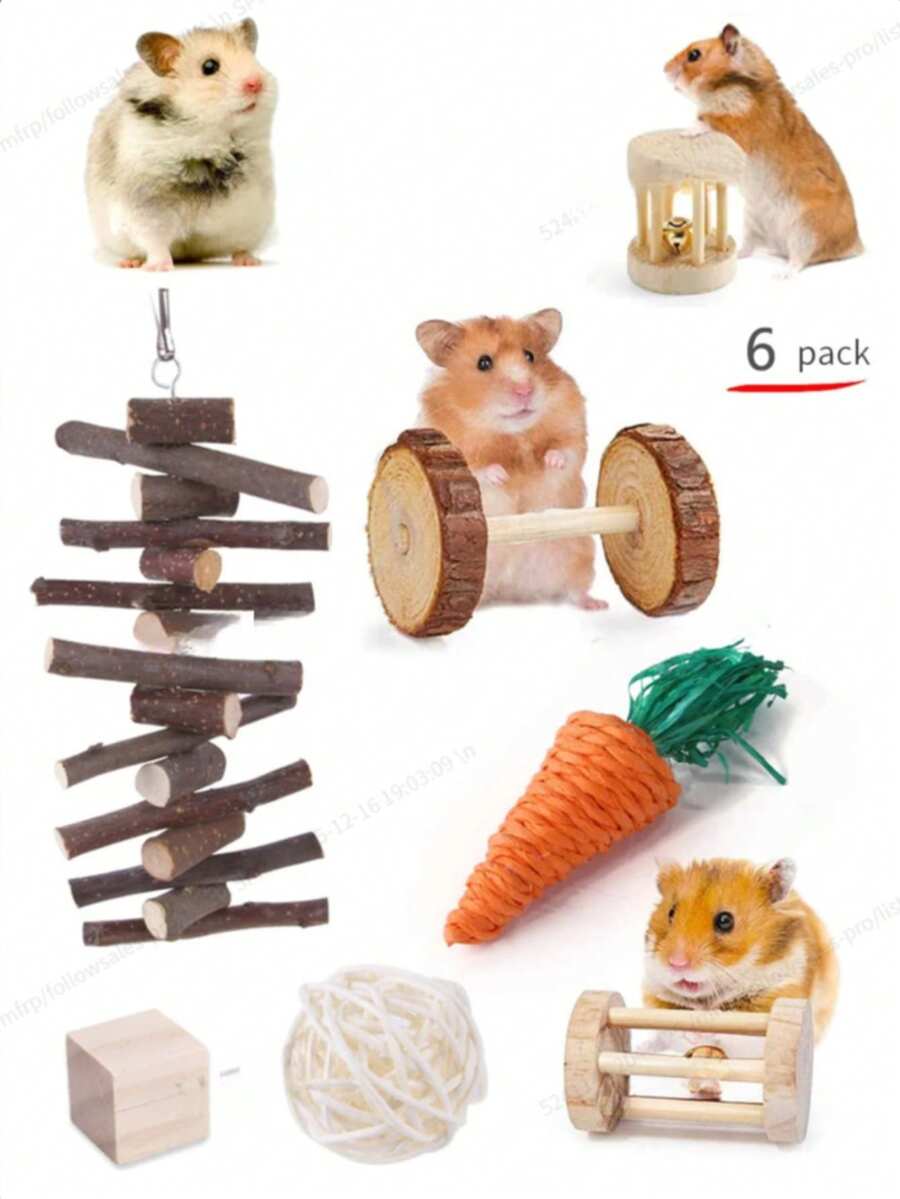 6pcs Hamster Toy Ball Set, Pet Rabbit Guinea Pig Play And Chew Supplies, Hamster Set, Hamster Chew Stick, Round Wooden Chew Toy, Suitable For Rabbits And Hamsters, Chewing And Claw Care, Pet Accessories, Hamster And Rabbit Chew Toys, Natural Wooden Toys, Wooden Chew Toy With Bell, Suitable For Parrots, Rabbits, Guinea Pigs, Hamsters, Small Animal Toys, Pet Supplies - Multicolor - View 1