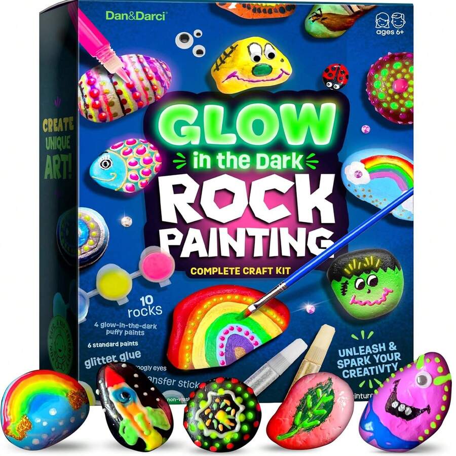 Kids Rock Painting Kit - Glow In The Dark - Christmas Gifts Arts & Crafts For Boys And Girls Ages 6-12 - Craft Activities Kits - Creative Art Toys For 6, 7, 8, 9, 10, 11 & 12 Year Old Kid - 藍色 - 查看 1