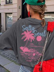 SALTY Women's Spring/Summer Coconut Tree & Sunshine Print Short Sleeve Shirt, Round Neck Casual Top, Versatile Daily Vacation Wear - 深灰色 - 查看 5