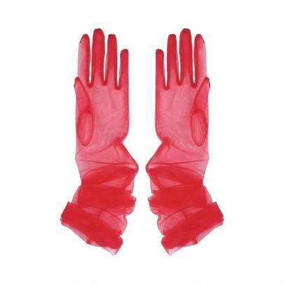 Guantes Largos de Tul Transparente para Mujer, Boda, Novia, Rojo, Talla nica