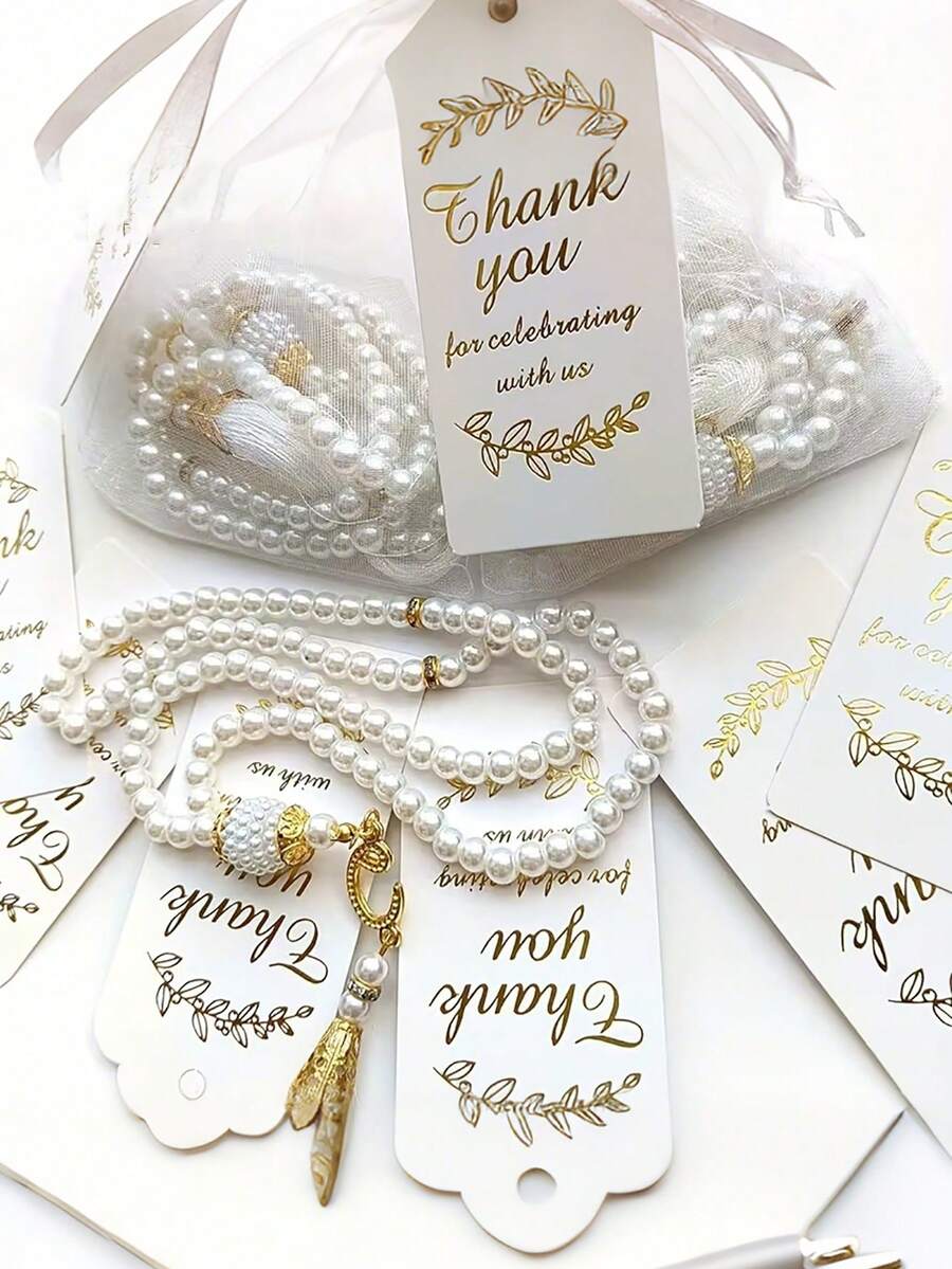 18pcs 99 Glass Pearl Muslim Tasbih Prayer Beads Bracelet Eid Ramadan Islamic Gift Includes 6 Misbahas, 6 Cards, 6 Organza Bags - Multicolor - View 1