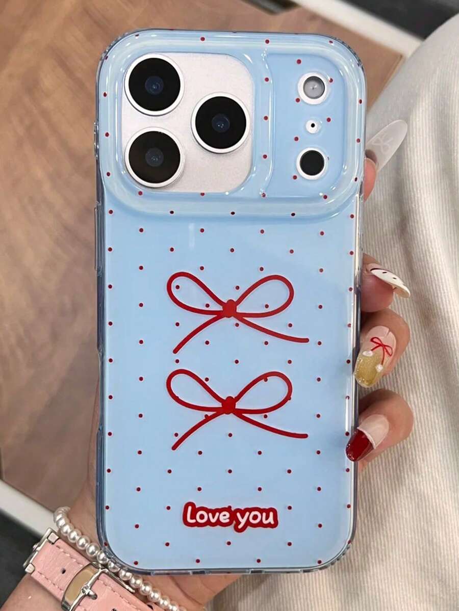 可爱蝴蝶结波点蓝色软壳手机壳，兼容 17 Pro Max、17 Pro、17、16 Pro Max、16 Pro、16、15 Pro Max、15 Pro、15、14 Pro Max、14 Pro、14、13 Pro Max、13 Pro、13、12 Pro Max、12 Pro、11，时尚撞色保护后盖，送给女孩的礼物