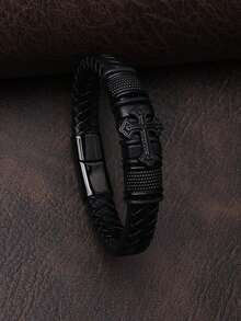 1pc Men's Punk Style Skull Cross Handmade Woven Leather Bracelet Accessory - Bracelet - View 8