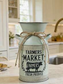 Distressed Green Iron Dual-Handled Decorative Milk Can Bottle Printed With "FARMERS MARKET" And Cow Graphic, Vintage Worn Texture With Jute Rope Tie, Suitable For Rustic Floral Vases, Storage, Home And Retail Displays To Create A Natural, Earthy Ambiance. - Four Seasons Double-eared Teapot 7 - View 9