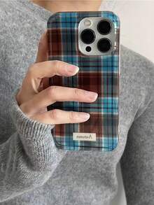 复古波浪格纹棕蓝色手机壳，兼容 17/11/12/13/14/15/16 Pro Max Plus，亮面秋冬手机壳 - 格紋 - 查看 2