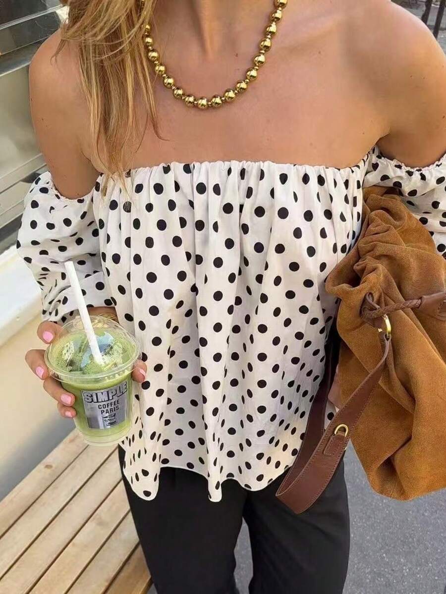 Buzzelle Blusa casual y holgada de estilo retro y de alta gama para mujer, con hombros descubiertos, de lunares y contraste de colores, adecuada para viajes y vacaciones - Blanco - Ver 1