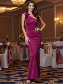Corsage Decor Asymmetric Neck Fitted Long Cocktail Dress - Hot Pink - View 4