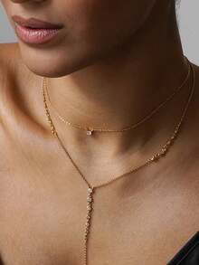 1pc Gold Tone Long Y-Shaped Necklace, Adjustable Double Layer Minimalist Necklace, Fashionable For Everyday Wear - Gold - View 7