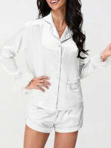Women's Satin Silk Pajamas Set Solid Feather Trim Sleepwear Long Sleeve Button Pocket Shirts Tops + Shorts 2Pcs Lounge Outfit - 白色 - 查看 3