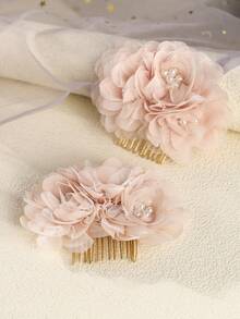 1/2pcs Bohemian Mesh Flower Hair Accessories, Wedding Bridal Headpiece, Party Adult Costume Decor, Romantic Valentine's Day Women Accessories, Combs - Pink - View 11