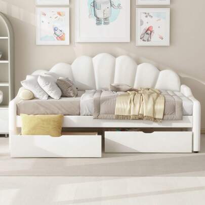 MERAX Full Size Upholstered Daybed With Shall Shaped Backrest And 2 Storage Drawers,Velvet Day Bed Frame With Swooping Arms And Wood Slat Support For Guest Room, Living Room,No Box Spring Needed,Beige