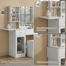 FUSOU 35'' Vanity Desk With LED Mirror, RGB Lighted Makeup Vanity With Charging Station, Open Shelves & Large Tempered Cabinet, 2 Drawers Glass Top Vanity With Chair For Bedroom, White - 白色 - 查看 9