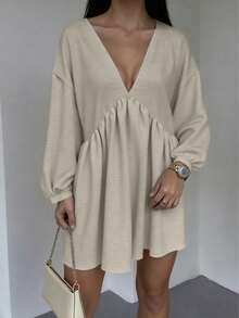HUTENER Women's Solid Color Casual Knotted Ruffle Hem Beach Dress, V-Neck, Lantern Sleeve, Short Stylish Dress, Suitable For Spring & Autumn Daily Wear - Light Grey - View 3