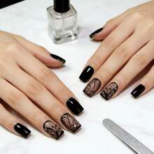 24 Pieces/Set Short Press On Nails Square Fake Nails Black French Tip Acrylic False Nails With Dark Vines Design Full Cover Glue On Nail Glossy Nails Press Ons Short Stick On Nail For Women 24Pcs High-Quality Handmade Acrylic Press-On Nails, Medium-Length Coffin-Shaped Nails - Halloween Is Coming, Halloween Nails, Gothic Style Nails, Punk Nails, Ghoul Zombie Bandage Style, Metal Spider, Skull, Bat Pattern, Hand-Carved Pumpkin Lantern, Spider Web, Ghost Face, False Nails, Gradient Styles Of Different Lengths, Pink Gradient, Jelly Nails, Glossy Coffin-Shaped False Nails, Blue Gradient 3D Press-On Nails (With Butterfly Pearl 3D Decoration), Solid Color Cat Eye Press-On Nails, Glitter False Nails For Short Nails, Oval Nails, Detachable False Nails, Nail Art Supplies Nail Art, Suitable For Parties, Dances, Daily Wear, Student Gatherings, Reusable Press-On False Nails - 黑色 - 查看 2