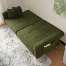 Convertible Sherpa Sofa Bed With Adjustable Backrest, Gold Metal Legs And Side Pockets - Green + Foam + 2 Seat - View 10