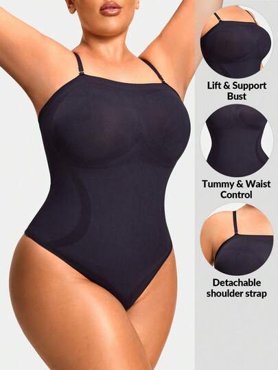 Bộ jumpsuit đen dành cho nữ với dây đeo mảnh (phù hợp với dáng người đầy đặn) - Nâng ngực và thắt eo tức thì, chất liệu co giãn mềm mại mang lại sự thoải mái suốt cả ngày, kiểu dáng ôm sát không đường may, lý tưởng cho trang phục hàng ngày, tạo đường cong quyến rũ, tăng sự tự tin và tôn lên vóc dáng thanh lịch tinh tế.