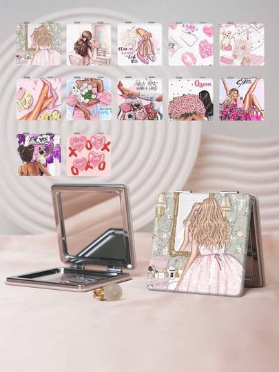 1 pieza Espejo de Vanidad Portátil y Plegable, Ligero y Compacto, Cuero de PU Duradero, Chapado en Metal al Vacío, Adecuado para Todos, Espejo de Bolsillo Plegable Cuadrado con Diseño de Patrón Estilo Europeo "Mundo de Mujeres", Tapa Reversible de 180°, Multifuncional