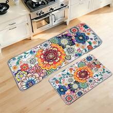 1pc Bohemian Floral Pattern Kitchen Mat, Non-Slip Washable Cushioned Mat, Soft Plush Crystal Velvet Easy To Clean, Suitable For Bedroom, Living Room, Dining Room, Bathroom, Entryway - Multicolor - View 1