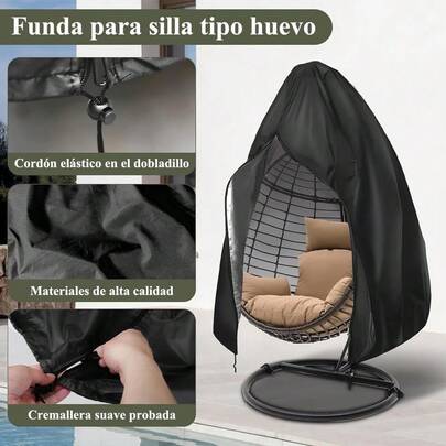 Funda Protectora Para Silla Colgante - Cubierta Para Columpio Exterior, con Cremallera y Cordón Ajustable, Silla Colgante de Huevo, Resistente al Agua, Material De Oxford Plateado, 190x115CM (Negro)