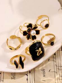 Vintage Luxury Elegant Black Drip Oil Pearl Metal Stainless Steel Flower Ring, Daily Fashion Ring, Suitable As Gift For Friends And Family - Multicolor - View 5