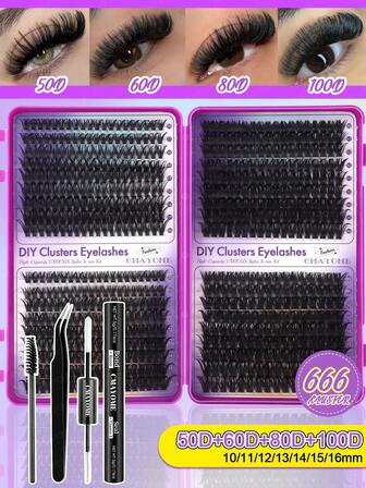 Kit de extensión de pestañas D-Curl de 720/666/648/640/592/576 piezas, pestañas individuales cómodas de 10-16 mm de grosor, set de extensión de pestañas con rizado (incluye pegamento, sellador y herramientas), adecuado para principiantes, extensión de pestañas de volumen ruso