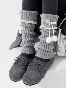 1/6双装 女士彩色绒球装饰蕾丝边可爱百搭保暖加厚过膝腿套，学院风，适合春、秋、冬季穿着 - 彩色 - 查看 6