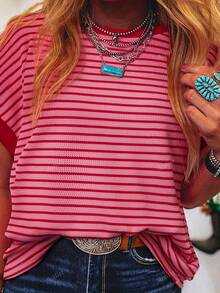 Summer Striped Contrasting Shoulder Short Sleeved Knitted Casual Round Neck T-Shirt For Women - Multicolor - View 1