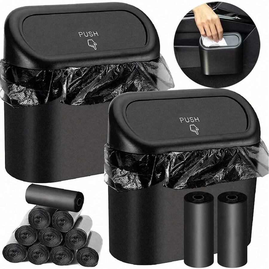 1 Pc Car Trash Can + 1 Roll (15 Sheets) Trash Bags + 2 Pcs Car Hooks, Mini Car Trash Can, Garbage Can Organizer Box, Suitable For Front/Rear Seats - Car, Office, Home Accessories. Mini Car Trash Can, Waterproof, Portable, Space-Saving Car Storage Box, Car Sorting Box, Essential Car Accessory.