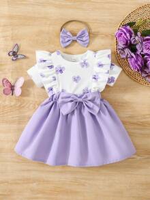 Baby Girl Casual Cute Floral Print Ruffle Sleeve Dress With Bow Headband, Summer - Mauve Purple - View 1
