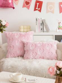 1件/2件装情人节镂空白色双心刺绣抱枕套，田园风暖色调仿毛皮刺绣沙发靠垫套，适用于情人节、餐厅、咖啡馆