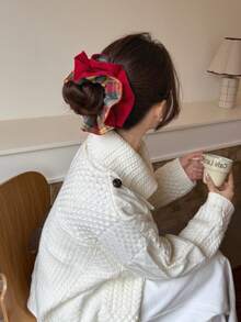 Korean Style Red & Blue Plaid Double-Layer Scrunchie, High Elasticity Hair Tie, Winter New Ponytail Hair Accessory ,Scrunchy