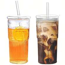 2-Pack 20oz/600ml High Borosilicate Glass Iced Coffee Cups With Lids & Straws - Reusable, Durable, Perfect For Ice Coffee, Smoothies, Water, Tea, Juice - Ideal For Parties - Trong sáng - Xem 2