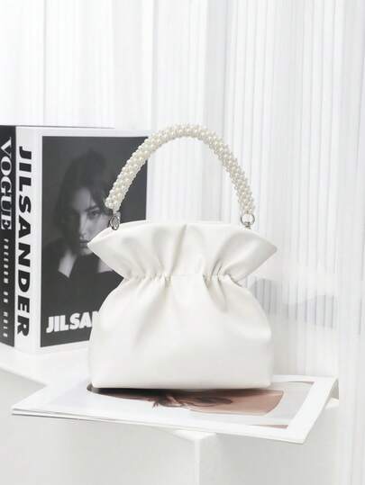 White Fashion Metal & PU Pearl Handbag For Women