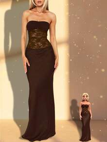 1 件女士优雅性感蕾丝拼布鱼尾连衣裙，适合春夏秋季、商务、晚会、婚礼、毕业派对、生日派对、除夕、情人节约会、聚会 - 棕色 - 查看 1