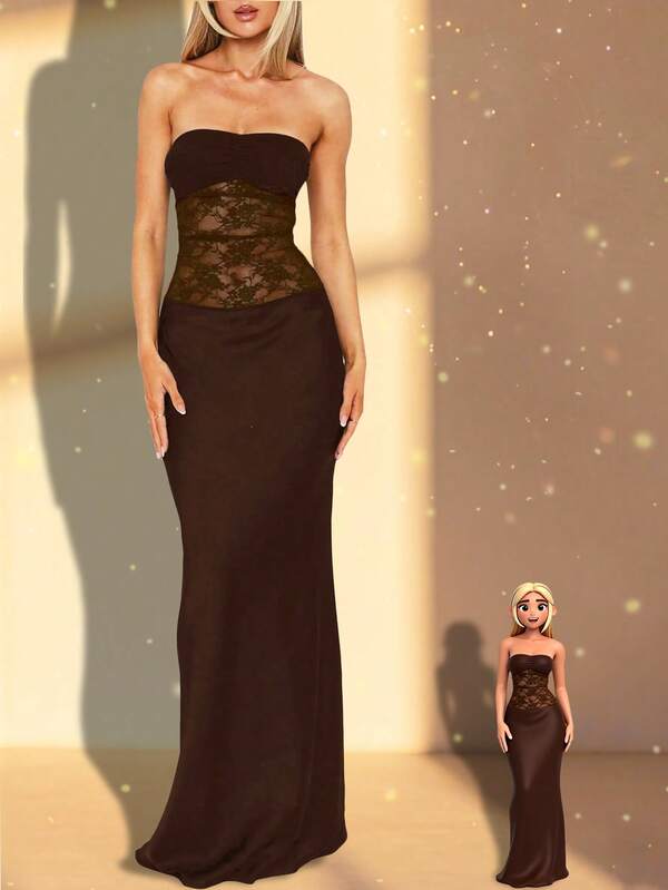 1 pieza Vestido elegante y sexy de mujer con parches de encaje y cola de pez, adecuado para primavera/verano/otoño, negocios, fiesta de noche, boda, fiesta de graduación, fiesta de cumpleaños, Nochevieja, cita de San Valentín, reunión