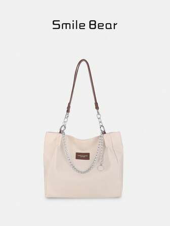 女士纯色链条装饰单肩包，简约轻便大容量手提包，适合日常办公和旅行，时尚单肩包、斜挎包、手提包、背包，返校季、教师节礼物