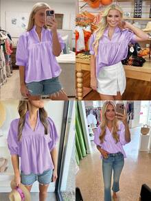 Women's Puff Sleeve V Neck Babydoll Blouse Pleated Peplum Hem Dressy Casual Loose Fit Shirt - 淺紫色 - 查看 6