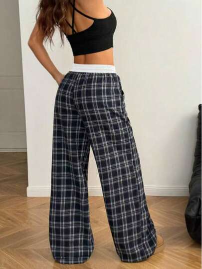 Classic Plaid Contrast Color Waistband Drawstring Straight Leg Loose Pants, Lightweight, Casual, Suitable For Spring/Summer, Can Be Worn Outdoors