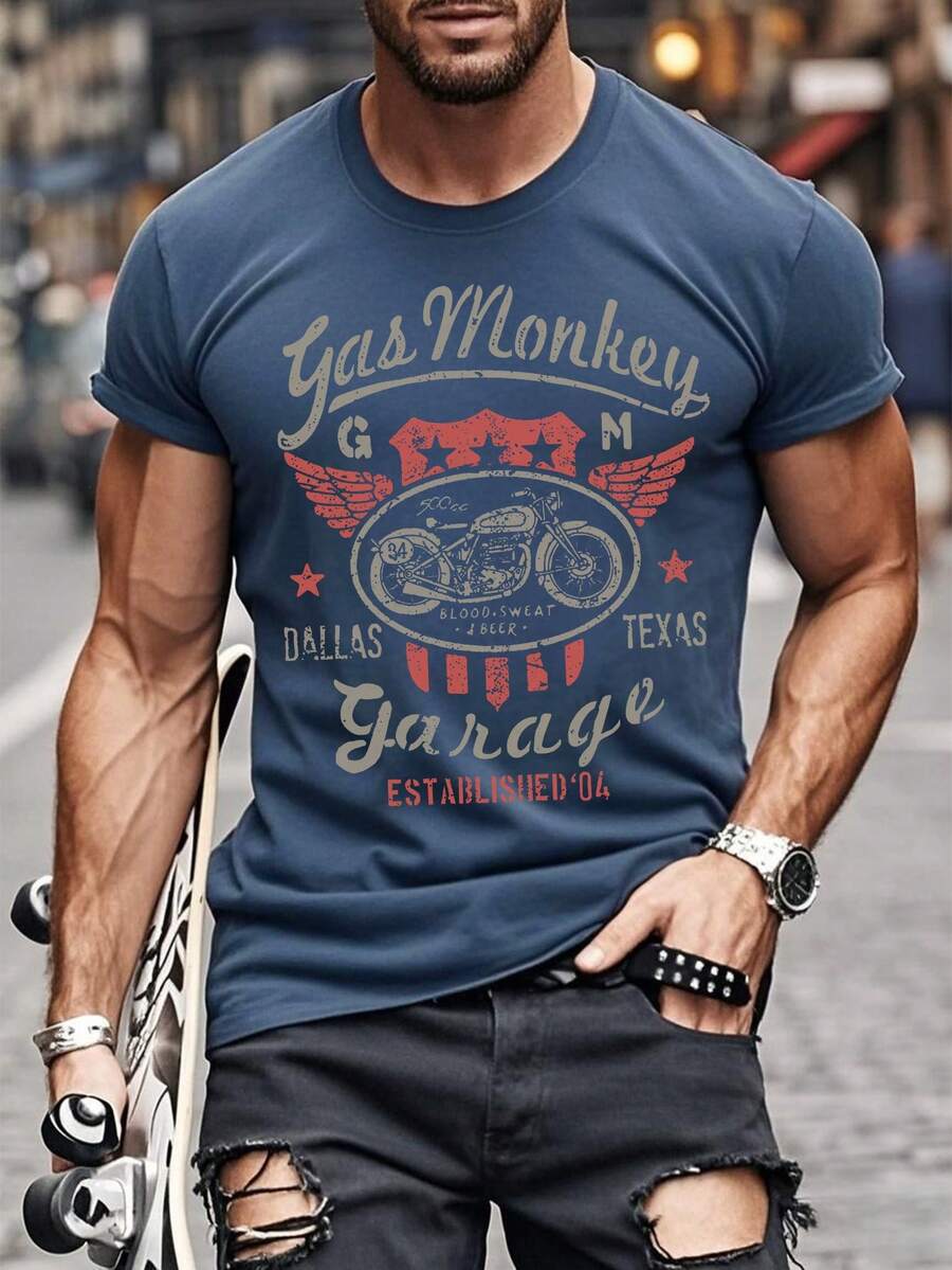 男士个性化印花短袖T恤，舒适透气，适合夏季穿着