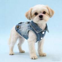 1pc Pet Teddy Dog Clothes, Spring/Summer Vest Harness Denim Jacket With Leash Buckle - Blue - View 9