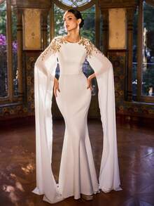 Faeriesty Abaya Elegant Mermaid Evening Gown - Sheer Chiffon Long Sleeves, Embellished With Golden Beads And Sequins, Fitted Bodice With Flared Skirt - Perfect For Weddings, Galas, Awards Ceremonies And Red Carpet Events - White - View 6