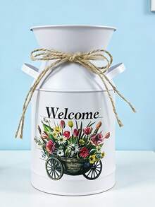 Vintage Iron Wire & Rope Tie-Up Decor With "Welcome" Slogan And Spring Floral Cart Pattern, Brings Fresh And Lively Atmosphere. Can Be Used As A Vase For Spring Branches Or A Storage Jar For Small Items, Suitable For Foyer, Balcony Decoration, Both Home And Commercial Use. - Four Seasons Double-eared Pot 5 - View 10
