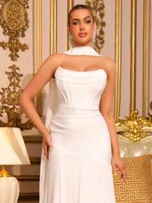 New Women's White Strapless Fishbone Pleated Patchwork Dress Elegant Wedding Bridesmaid Dress Anniversary Christmas Party Dress - White - View 4