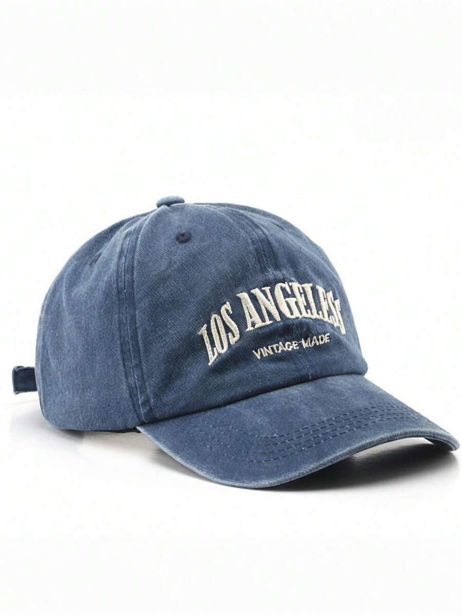 1pc Vintage Casual Fashion Baseball Cap, Unisex. The Cap Features Letter Print, Distressed Wash Effect, With Subtle Retro Feel, Embroidered Letter Detail And Reinforced Curved Brim, Adjustable And Comfortable, Breathable And Lightweight. - Blue - View 1